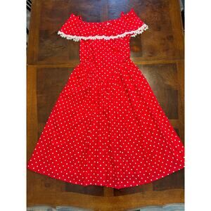 Vintage Diane M Red White Polka Dot Off-Shoulder Lace Dress 3/4 80s/90s